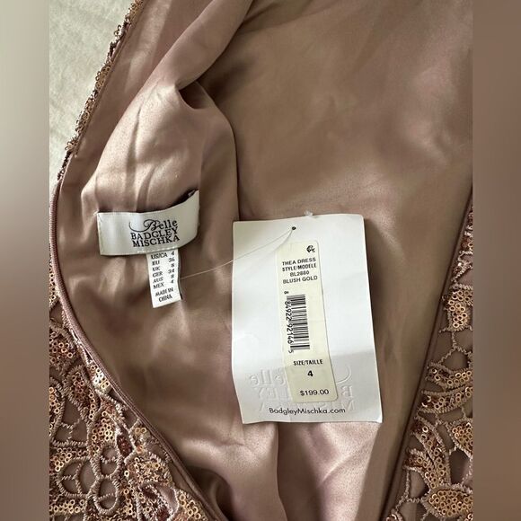 NWT BELLE BADGLEY MISCHKA Rose Gold Sequin Crochet Pink Shift Dress Size 4 - Picture 6 of 10